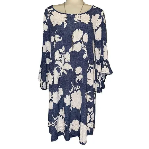 SJS Women’s Size Medium Dress Bell Sleeve Floral Stretch With Necklace - Picture 1 of 6